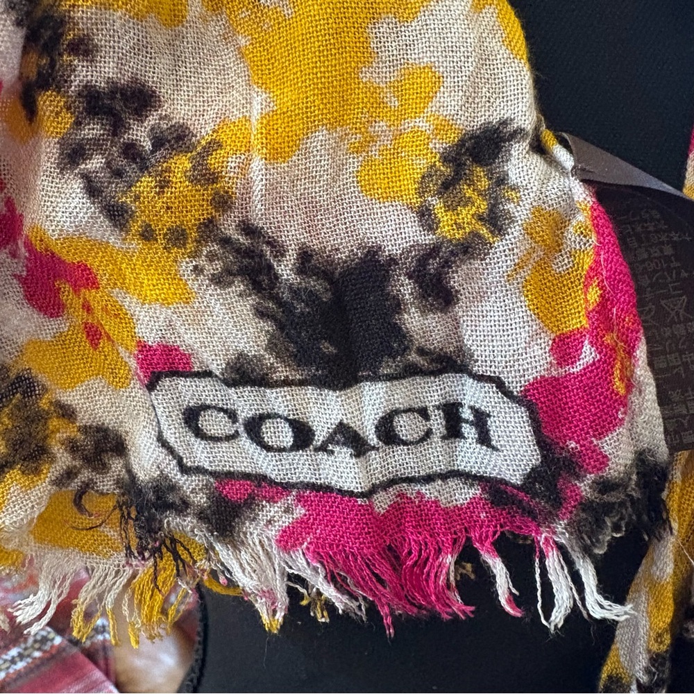 COACH Abstract Plaid Rayon Long‎ Oblong Scarf Wrap EUC 18” X 67”